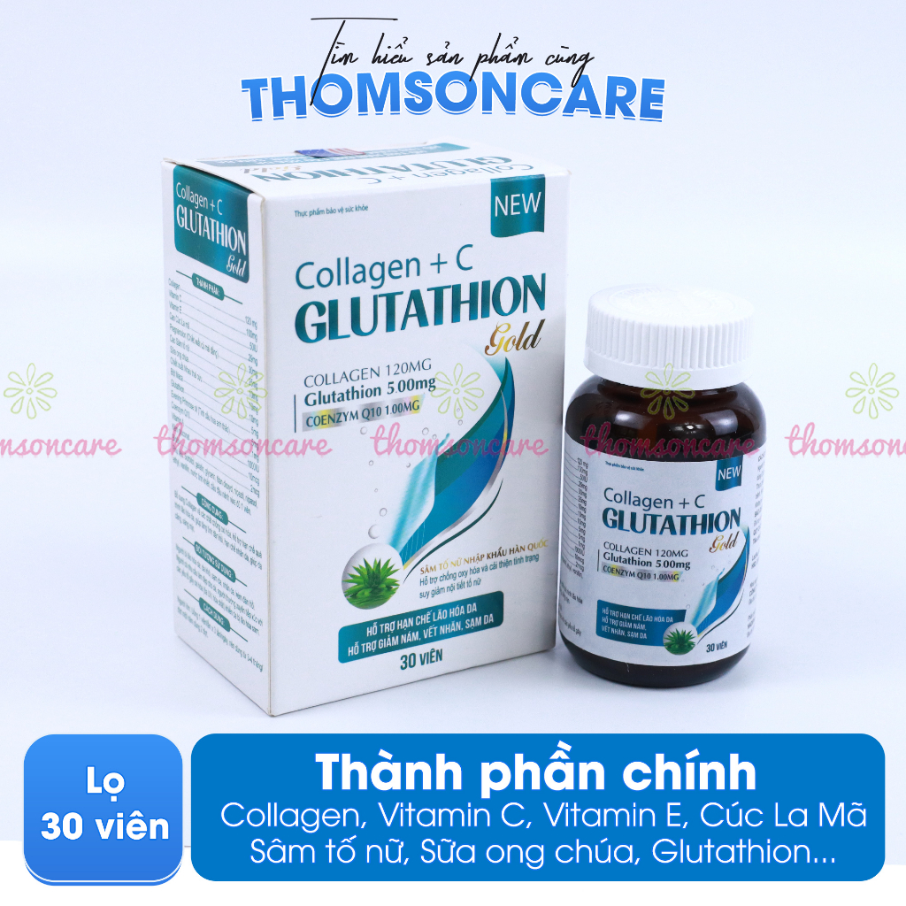 Bổ sung Glutathion giảm nám sạm da, lão hóa da, tăng nội tiết tố Collagen Glutathion Gold - Hộp 30 viên
