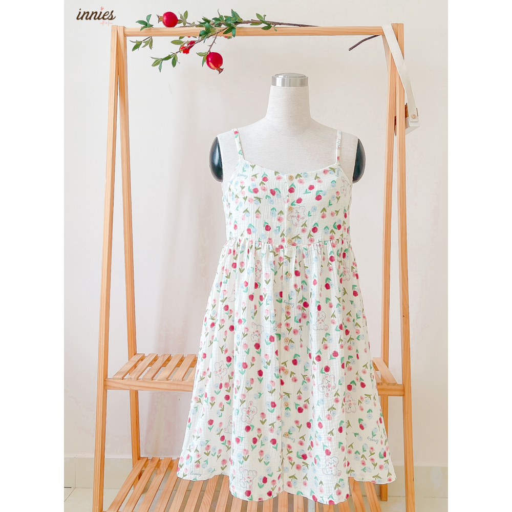 Đầm 2 dây NỮ cotton muslin, nút cài giữa, dáng xoè đáng yêu mặc nhà Innies - IN-23DAMNU002