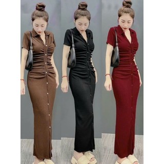 🛒 Đầm Tay Ngắn Cổ Trụ Polo V Nút Dọc Thân Nhún Eo - Dài Maxi Ôm Body Sexy - Tiểu Thư Bánh Bèo Cute Sang Chảnh Basic