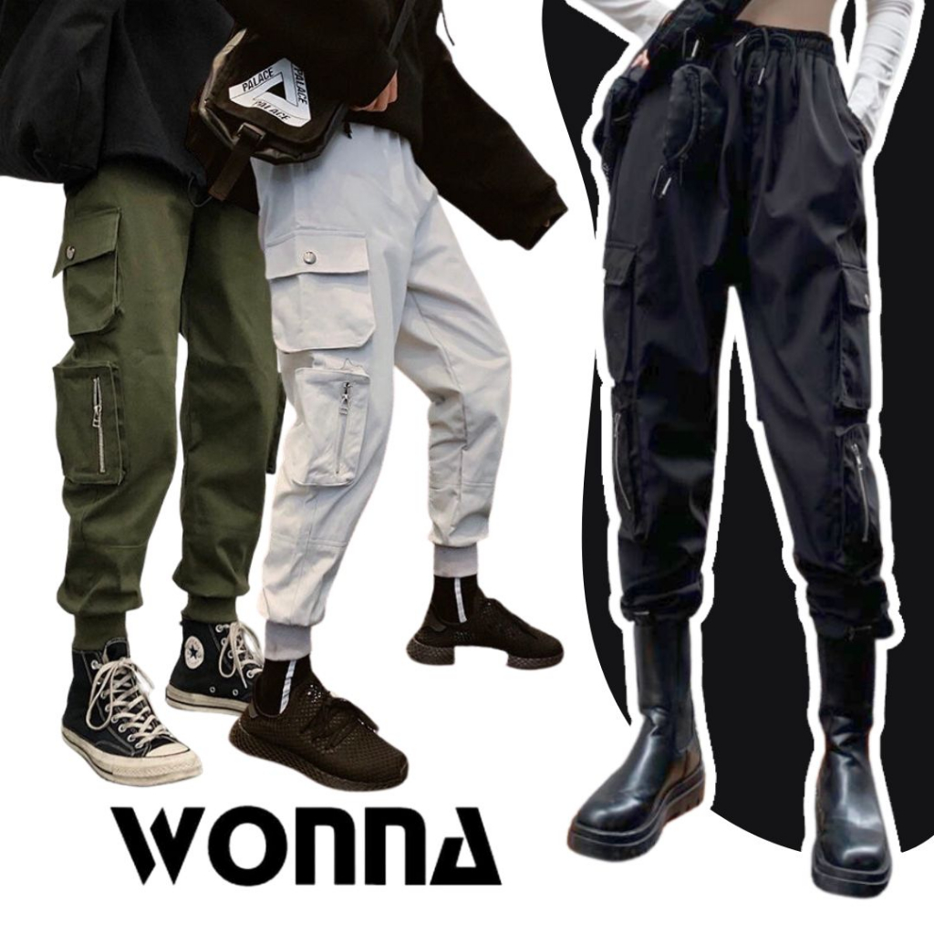 Quần cargo jogger ống bo unisex box pant street style Hàn có khóa kéo zipper nam nữ hip hop màu đen