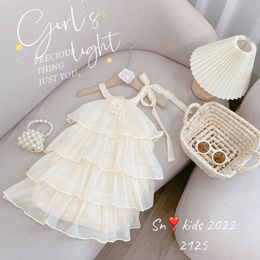 Váy bé gái 2 dây 4 tầng đính hoa cho bé yêu từ 8-20kg