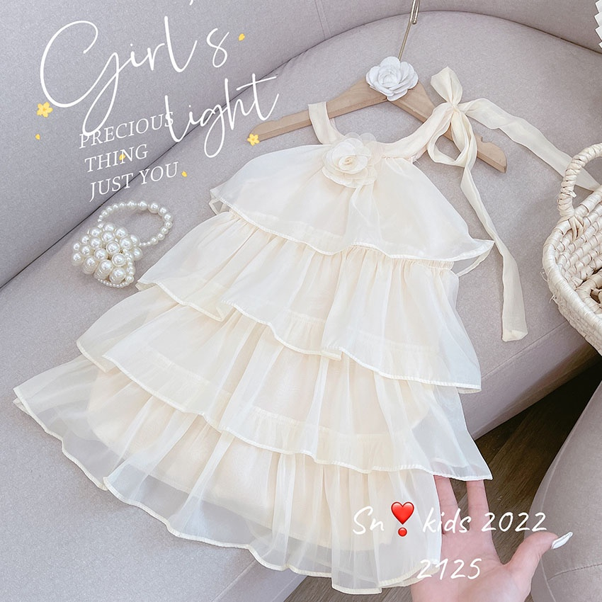 Váy bé gái 2 dây 4 tầng đính hoa cho bé yêu từ 8-20kg