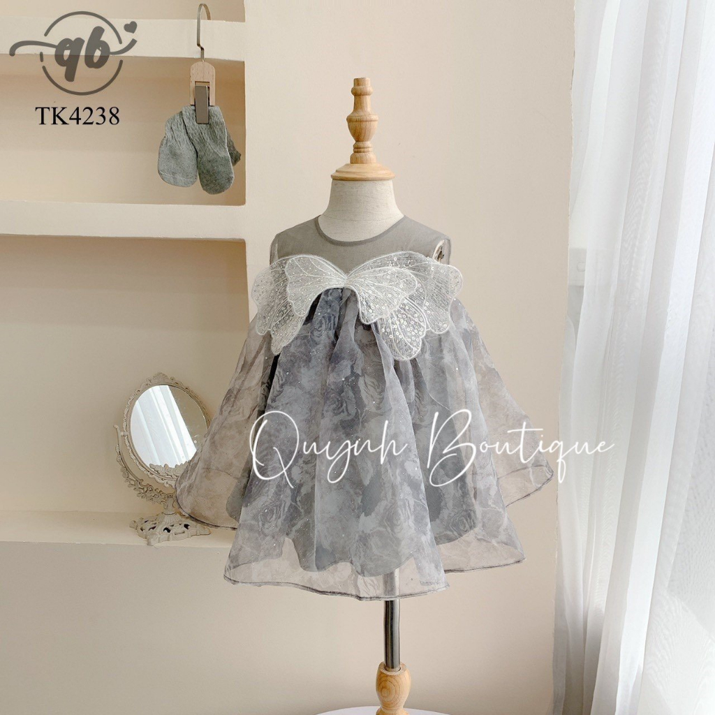 Đầm Công Chúa Bé Gái Váy Công Chúa Xám Hoa Sát Nách Nơ Ren Quỳnh Boutique