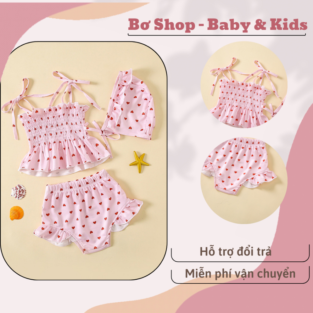 bộ đồ bơi 2 mảnh cho bé gái kèm mũ, bikini cho bé gái 7 - 17kg