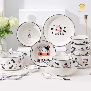  Bộ chén sứ đĩa thố tô ly dụng cụ gia đình họa tiết bò sữa đáng yêu - Gốm sứ SH 