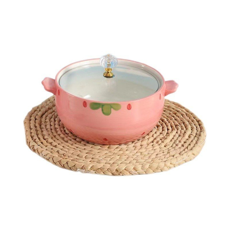 Bộ thố có nắp bằng sư muỗng thìa ăn cơm gia đình họa tiết trái dâu,chú bò sữa siêu đáng yêu - Gốm sứ SH