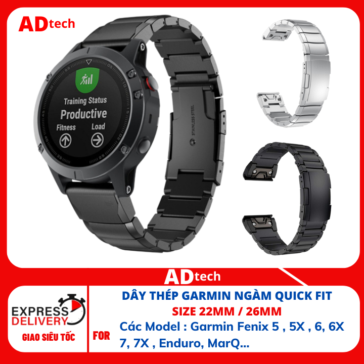 Dây thép, dây kim loại cao cấp cho đồng hồ garmin size 22mm, 26mm, đi kèm ngàm quick fit tháo lắp nhanh