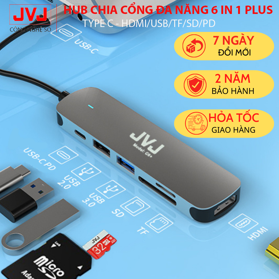 Hub type C JVJ C6 Plus 6 trong 1 cổng chuyển đổi chia cổng Type-C sang USB 3.0 SD, USB 2.0, Type C, TF, 4K HDMI