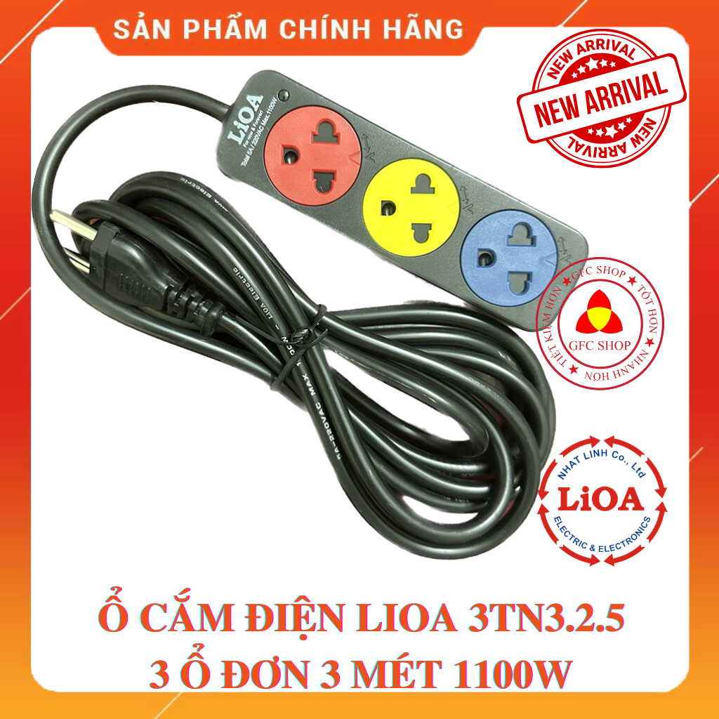 (Mẫu mới 2022) Ô cắm Lioa 3 ổ 3 chân 3TN3.2.5 dây 3m Công suất 1000W màu đen - Nắp che an toàn chủ động