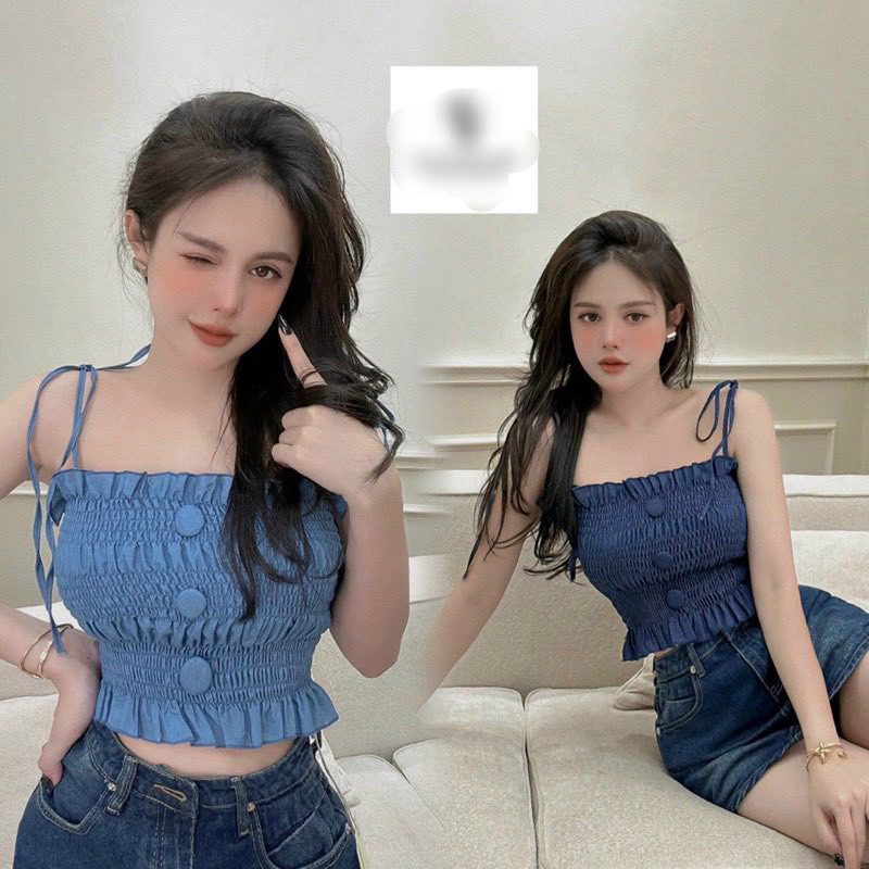 Áo 2 dây nhún nút bọc croptop màu jeans - B1L