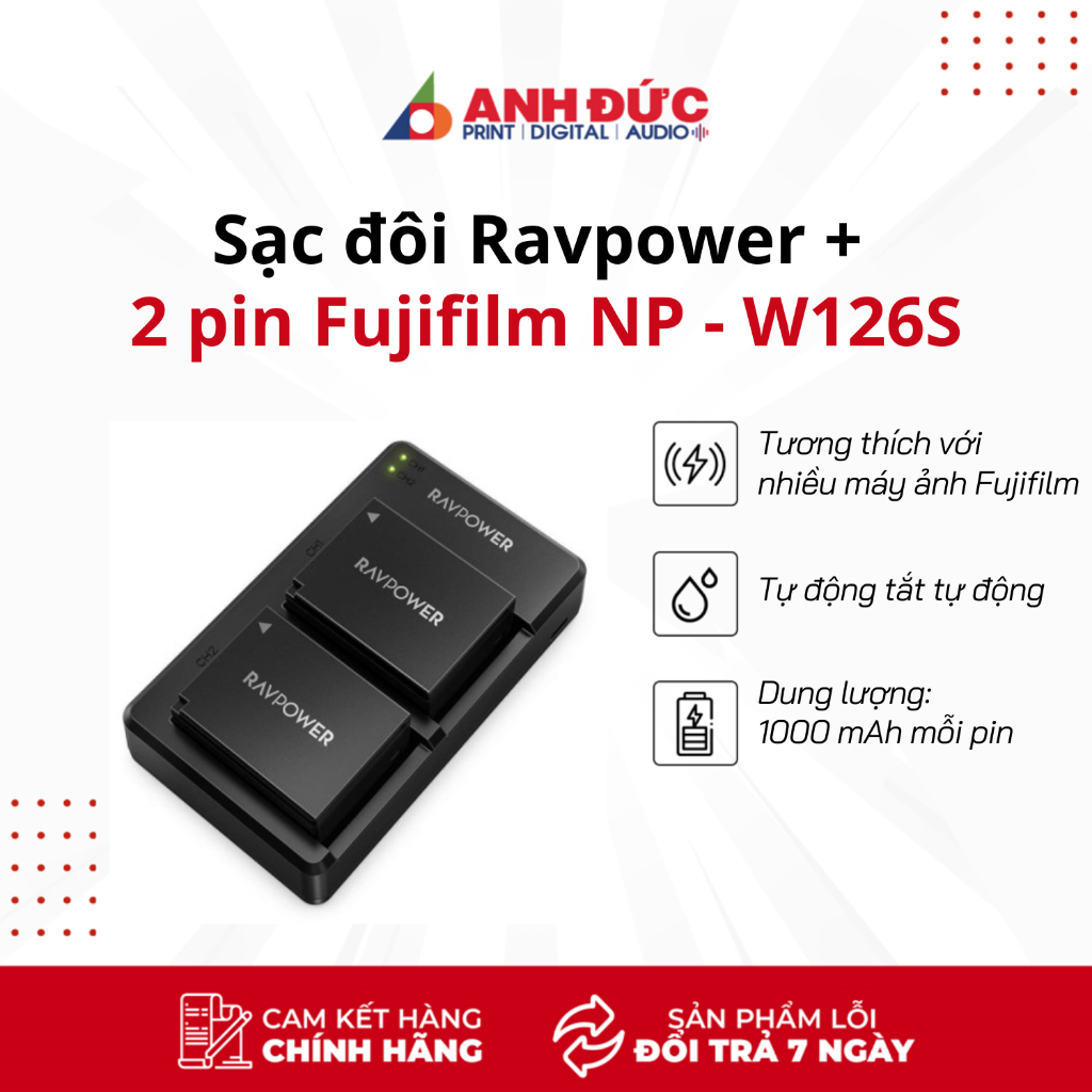 Bộ 2 Pin 1 Sạc Fujifilm NP-W126S Ravpower Cho Fujifilm X-T20, X-T10, X-T100...Hàng Chính Hãng