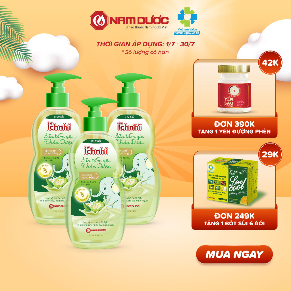 Combo 3 chai Sữa tắm gội cho bé thảo dược Ích Nhi giúp phòng cảm lạnh, ngừa rôm sẩy, mẩn ngứa, dưỡng da mềm mịn cho bé