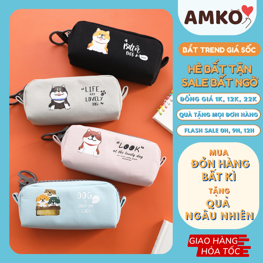 Hộp bút vải đẹp canvas hàn quốc - bóp viết khóa zip nhựa to cute hình chó Shiba dễ thương, túi đựng bút đã năng HBV18