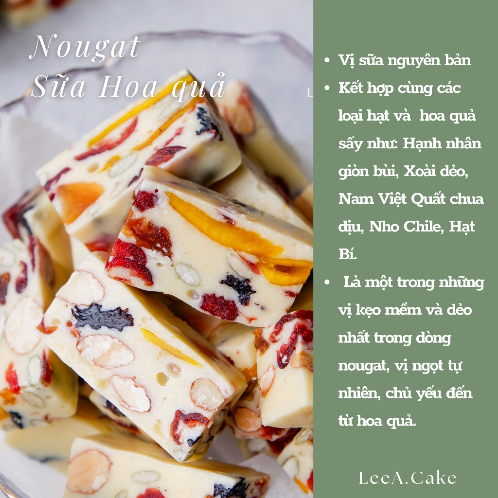 Kẹo dẻo nougat vị Sữa hoa quả, Trà xanh, Trà bá tước, Mint Milano, Cafe hạnh nhân, Xoài cacao - Kẹo hạnh phúc LeeA.Cake