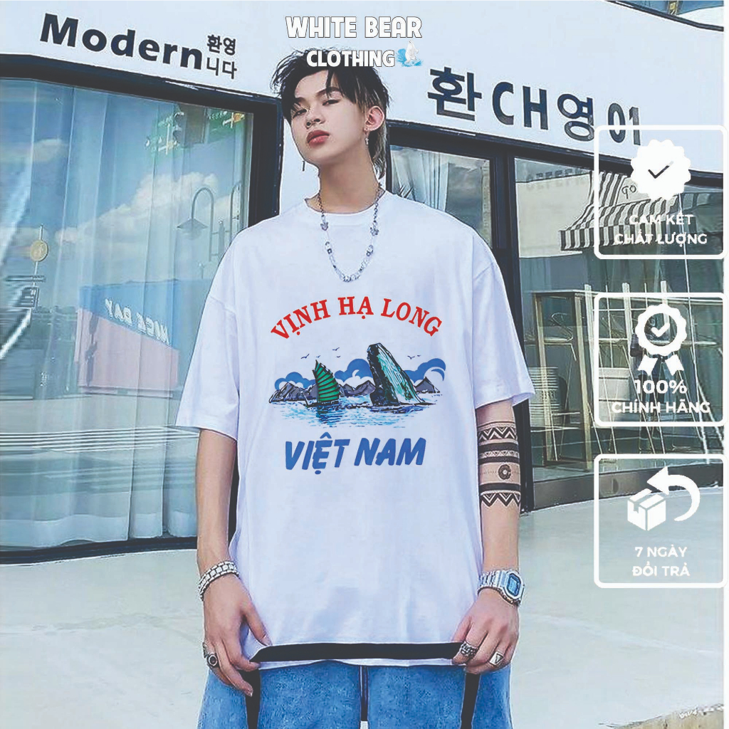 Áo thun White Bear Vịnh Hạ Long form rộng tay lỡ freesize