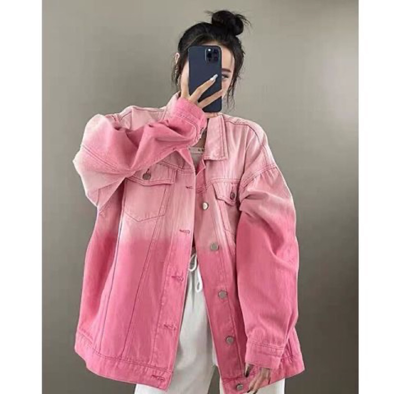 Áo khoác jeans nữ hồng phối màu