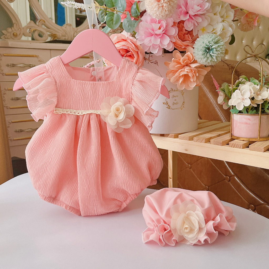 Body hồng đầy tháng  bé gái sơ sinh 𝑲𝑬̀𝑴 MŨ + 𝑭𝑹𝑬𝑬𝑺𝑯𝑰𝑷🍭NHƯ Ý HOUSE'S-body trẻ em hàng thiết kế cao cấp- body hồng tơ rập