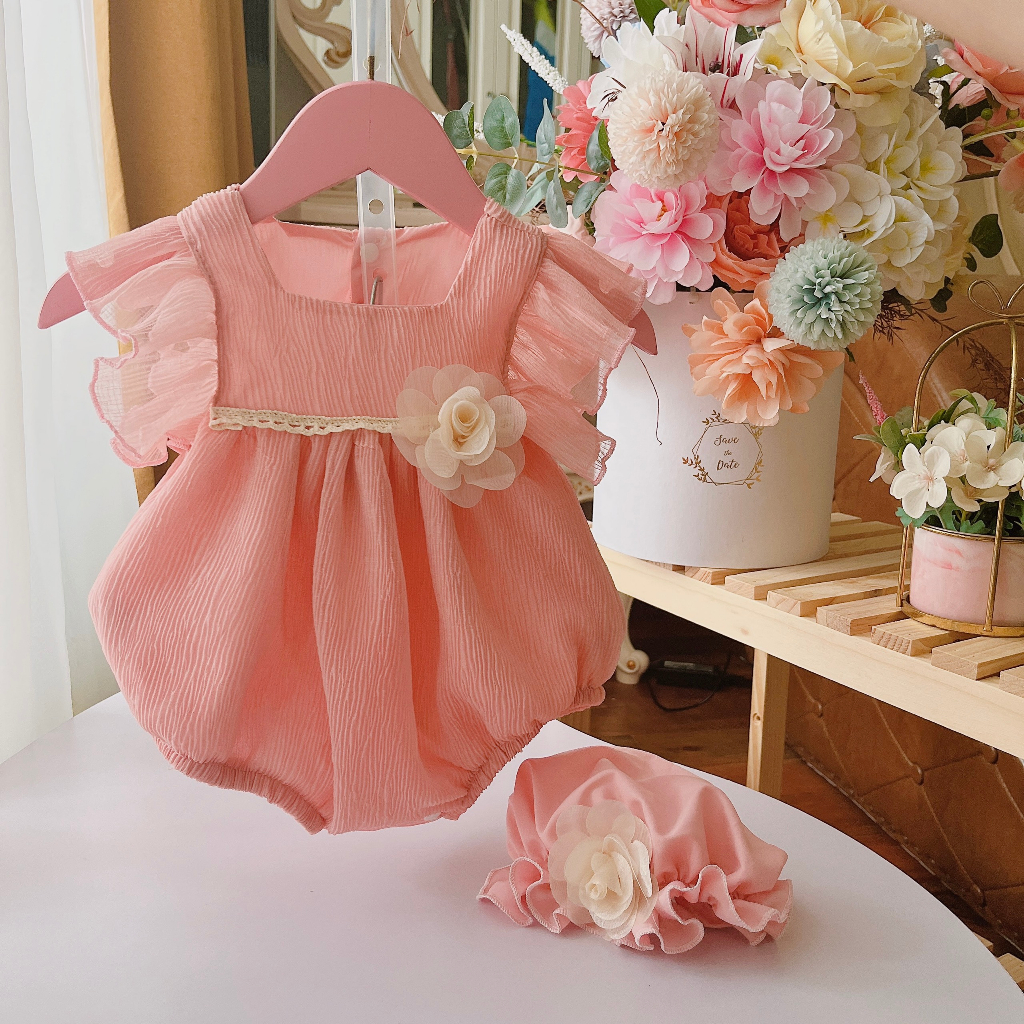 Body hồng đầy tháng  bé gái sơ sinh 𝑲𝑬̀𝑴 MŨ + 𝑭𝑹𝑬𝑬𝑺𝑯𝑰𝑷🍭NHƯ Ý HOUSE'S-body trẻ em hàng thiết kế cao cấp- body hồng tơ rập