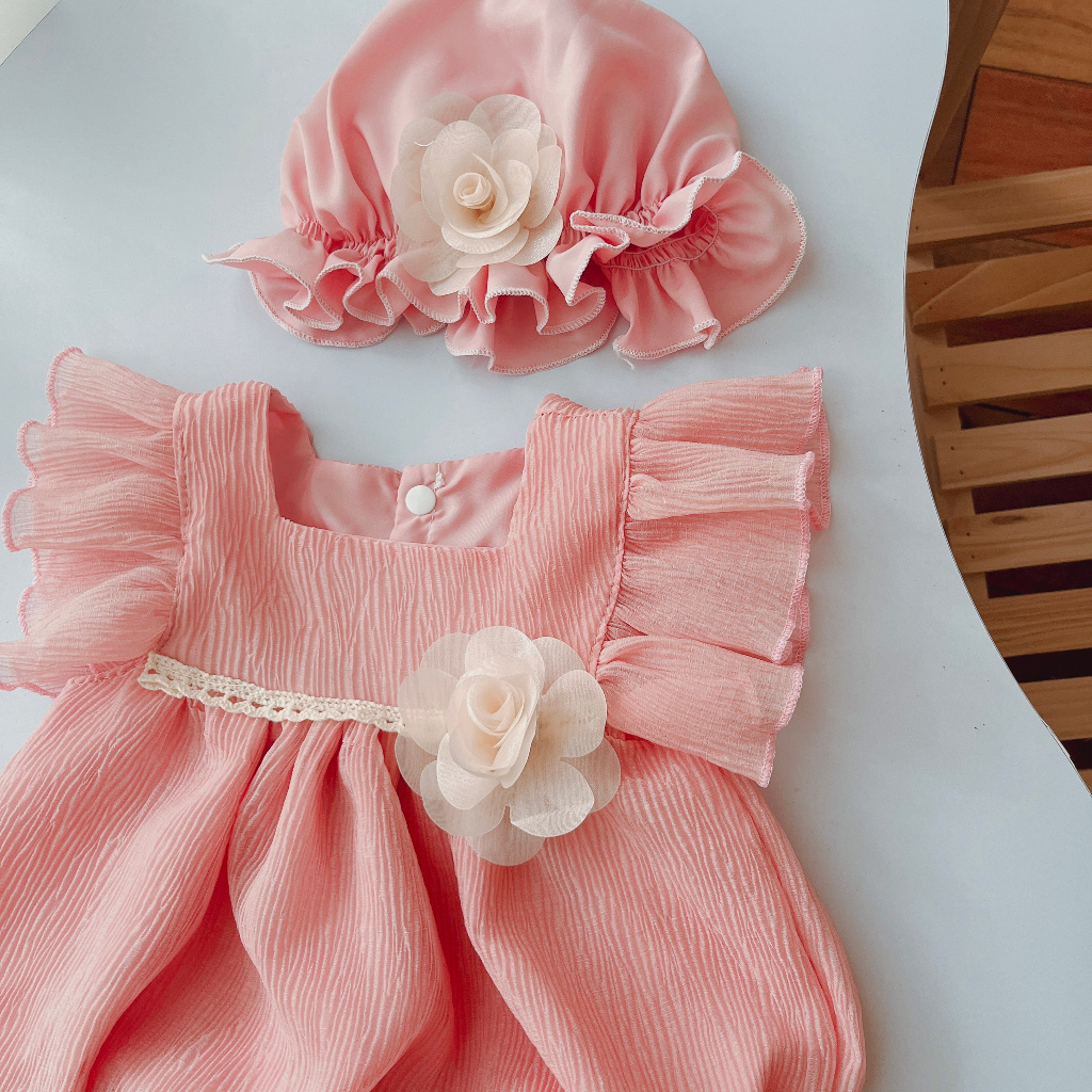 Body hồng đầy tháng  bé gái sơ sinh 𝑲𝑬̀𝑴 MŨ + 𝑭𝑹𝑬𝑬𝑺𝑯𝑰𝑷🍭NHƯ Ý HOUSE'S-body trẻ em hàng thiết kế cao cấp- body hồng tơ rập