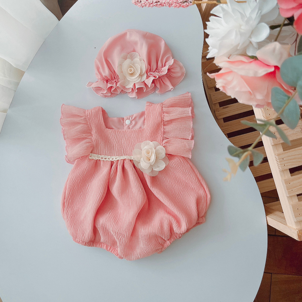 Body hồng đầy tháng  bé gái sơ sinh 𝑲𝑬̀𝑴 MŨ + 𝑭𝑹𝑬𝑬𝑺𝑯𝑰𝑷🍭NHƯ Ý HOUSE'S-body trẻ em hàng thiết kế cao cấp- body hồng tơ rập