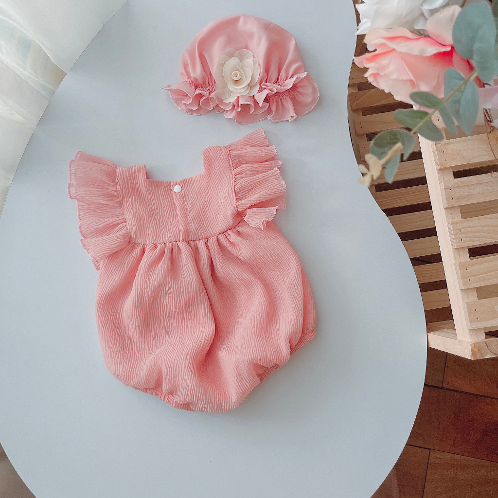 Body hồng đầy tháng  bé gái sơ sinh 𝑲𝑬̀𝑴 MŨ + 𝑭𝑹𝑬𝑬𝑺𝑯𝑰𝑷🍭NHƯ Ý HOUSE'S-body trẻ em hàng thiết kế cao cấp- body hồng tơ rập