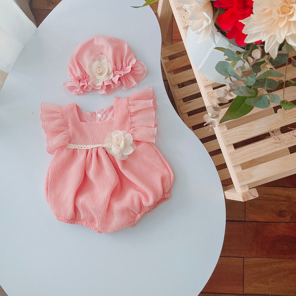 Body hồng đầy tháng  bé gái sơ sinh 𝑲𝑬̀𝑴 MŨ + 𝑭𝑹𝑬𝑬𝑺𝑯𝑰𝑷🍭NHƯ Ý HOUSE'S-body trẻ em hàng thiết kế cao cấp- body hồng tơ rập