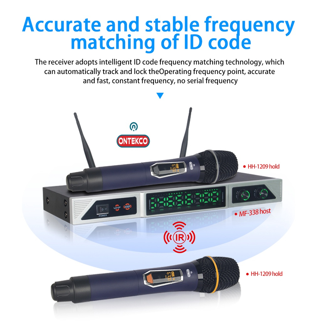 Micro không dây ONTEKCO MF338 cao cấp đa năng - Có đầu thu 2 anten sóng UHF Hát karaoke gia đình