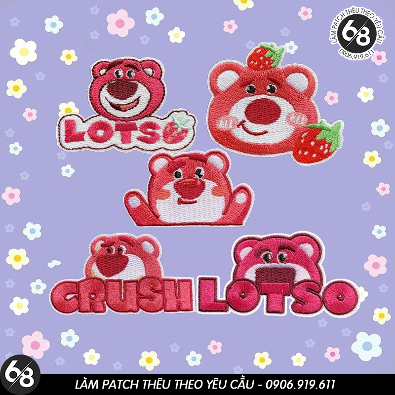 Sticker ủi nhiệt vải thêu logo hình gấu dâu Lotso Toy Story DIY động vật dễ thương cute - Patch ủi quần áo balo H91