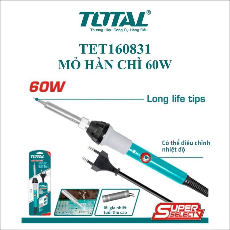 Mỏ hàn chì 60W mũi thẳng TOTAL TET160831 (có chỉnh nhiệt độ)