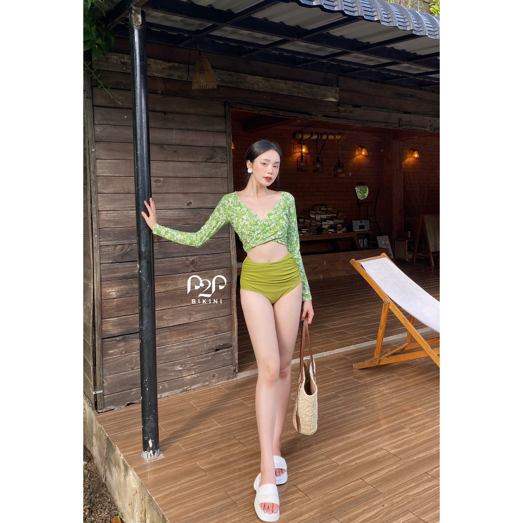 P2P Bikini  Đồ bơi áo tay dài quần cạp cao hoa nhiệt đới