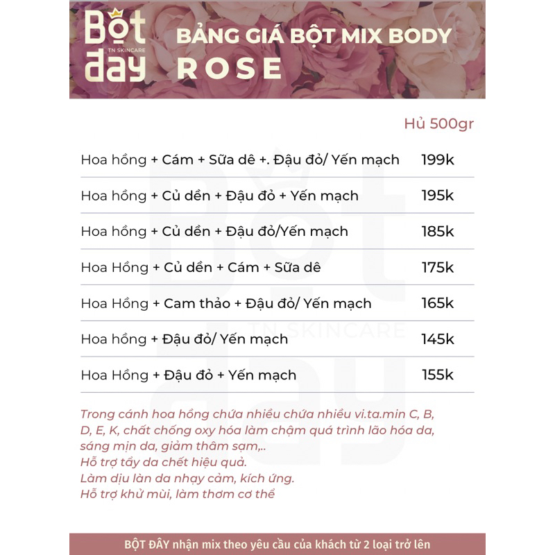 BỘT tắm trắng HOA HỒNG 500gr - HANDMADE BỘT ĐÂY