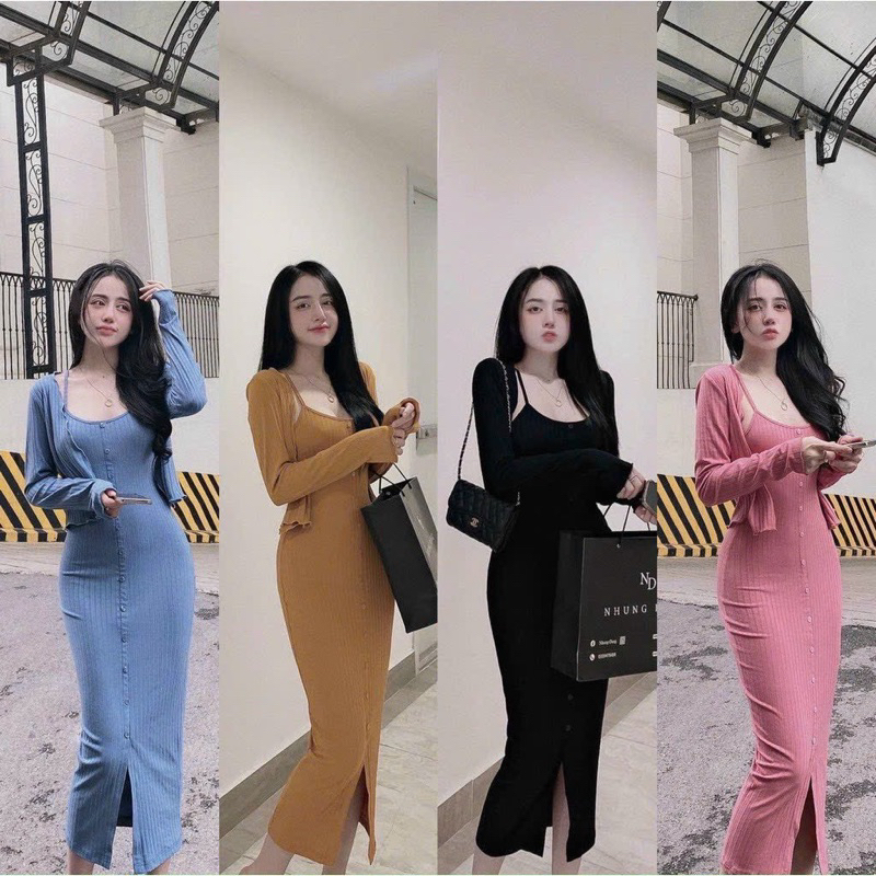 Set đầm 2 dây nút kèm áo khoác - C5L