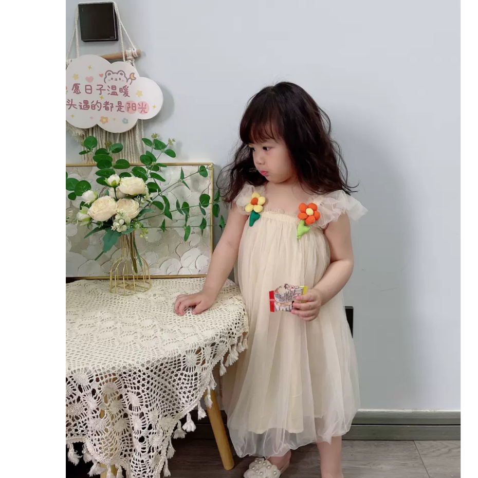 Váy bé gái hãng DuDu Cream đính hoa nổi cực xinh chất voan siêu mềm mịn