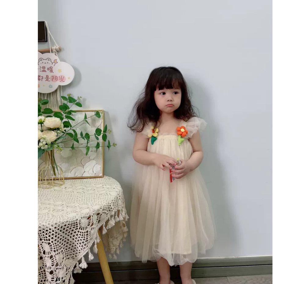 Váy bé gái hãng DuDu Cream đính hoa nổi cực xinh chất voan siêu mềm mịn