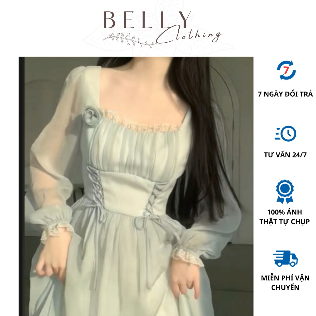 🔥M25 - Váy Tơ Óng Xanh Cổ Vuông Tiểu Thư Vintage Tặng Kèm Hoa Cài | Hàng Thiết Kế by BELLY Clothing
