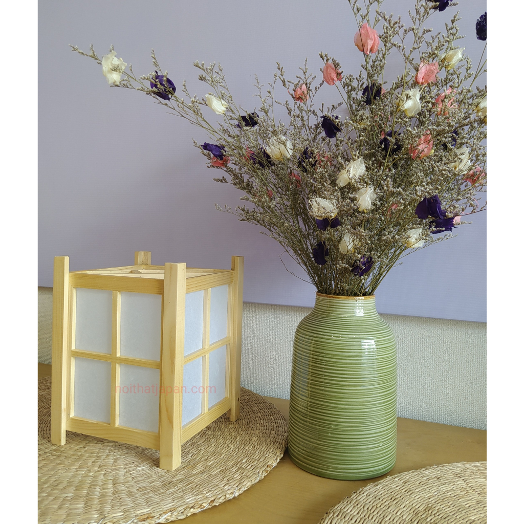 Đèn shoji thả trần, đèn gỗ trang trí phòng trà, phòng thiền, gỗ thông, Shoji Nhật, kt 18 x18 x24cm, gồm dây, đui E27