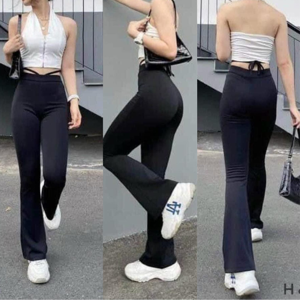 Quần ống loe nữ cạp chun lưng cao dáng legging màu đen trắng vải thun co giãn Geleva LEG429