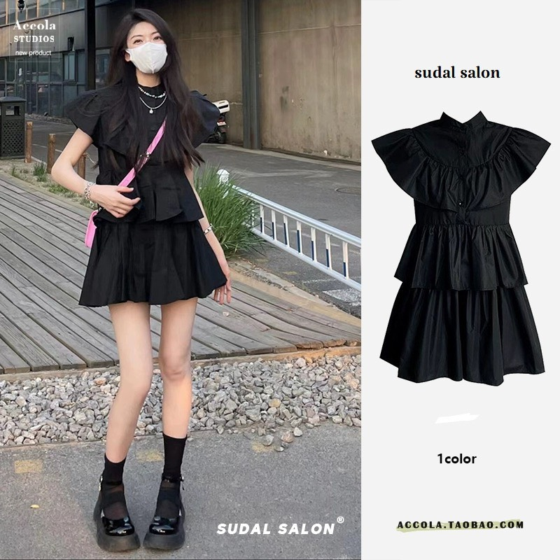 (ORDER-sẵn M) Váy MORAN tay cánh tiên màu đen phối 2 tầng xòe ngắn style kiểu Pháp