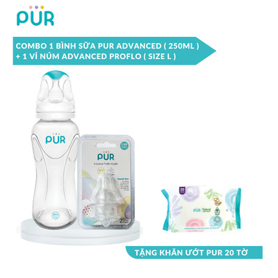 Combo 1 bình Pur Advanced 250ml (có sẵn núm M 3-6th) + 1 vỉ núm size L=size F - Tặng gói khăn ướt Pur 20 tờ