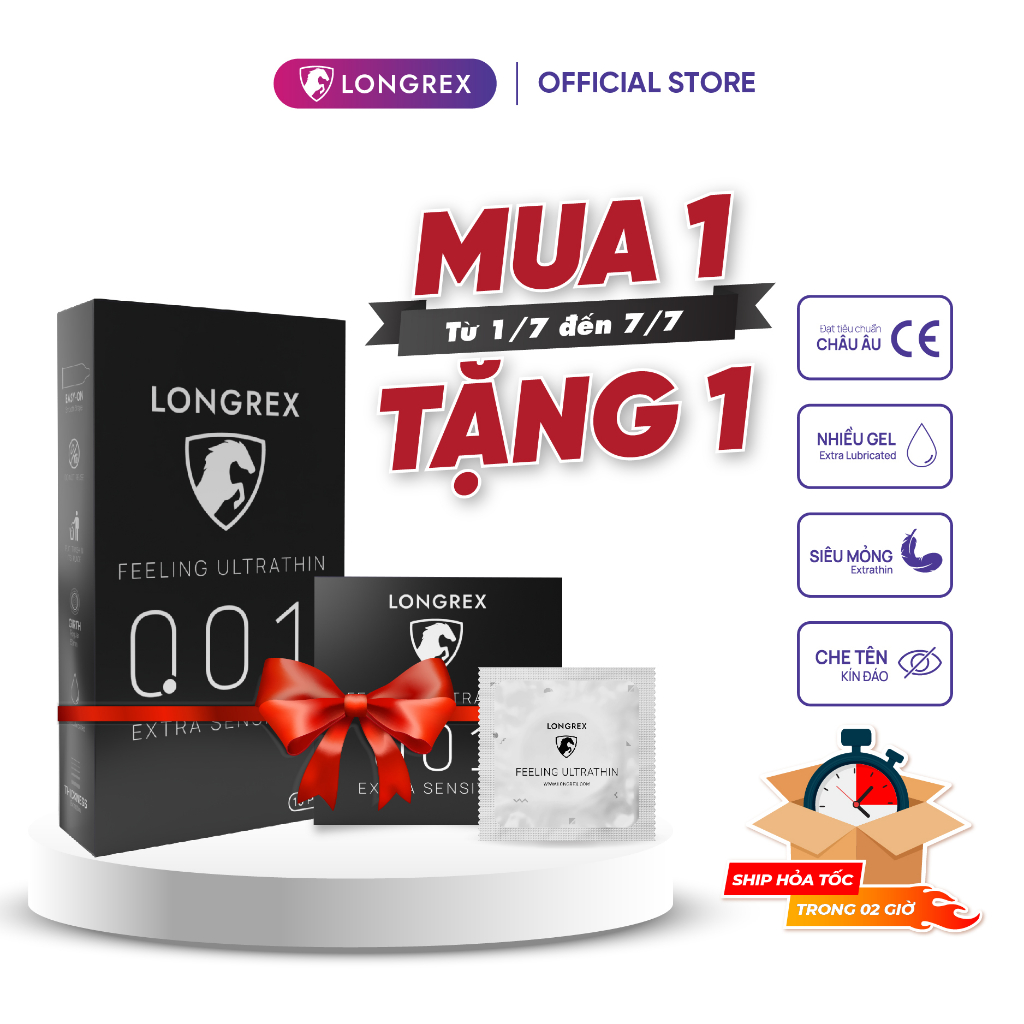 Bao cao su Longrex Extra Sensitive siêu mỏng, nhiều gel bôi trơn, hương vani, chất cao su tự nhiên hộp 10 bcs LR1