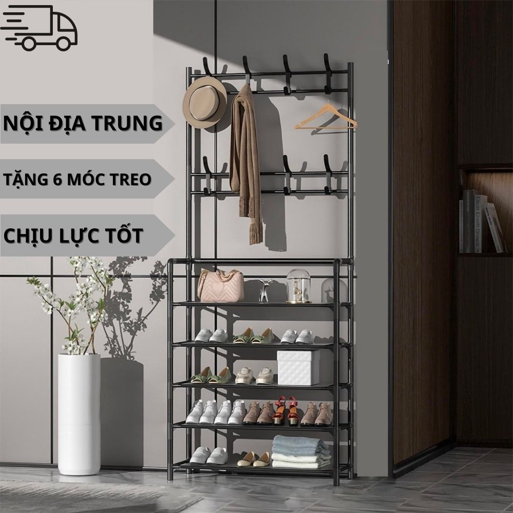 Kệ giày 4 tầng chữ L Giá kệ để giày dép đa năng có nhiều móc treo đồ tiện tích 5557