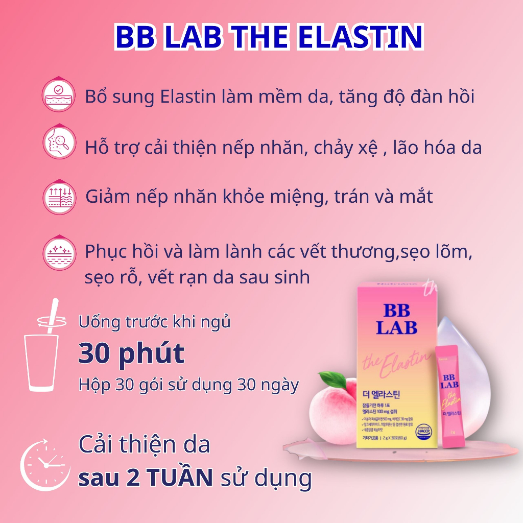 Bột uống BB LAB The Elastin Bổ Sung Elastin, Vitamin C Giúp Da Khỏe Mạnh Trẻ Đẹp Làm Chậm Quá Trình Lão Hóa 2g x 30 Gói