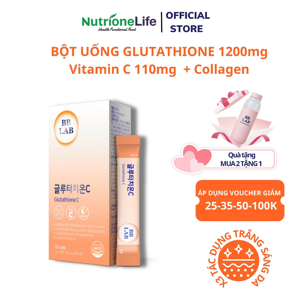 Bột uống BB LAB Glutathione 1200mg và Vitamin C 110mg làm trắng da, mờ nám, giảm thâm mụn 30 gói