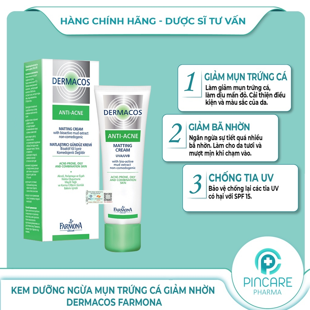 Kem dưỡng Farmona Dermacos Anti Acne Matting Cream 50ml giảm bóng nhờn ngừa mụn - Hàng chính hãng - Nhà thuốc PinCare