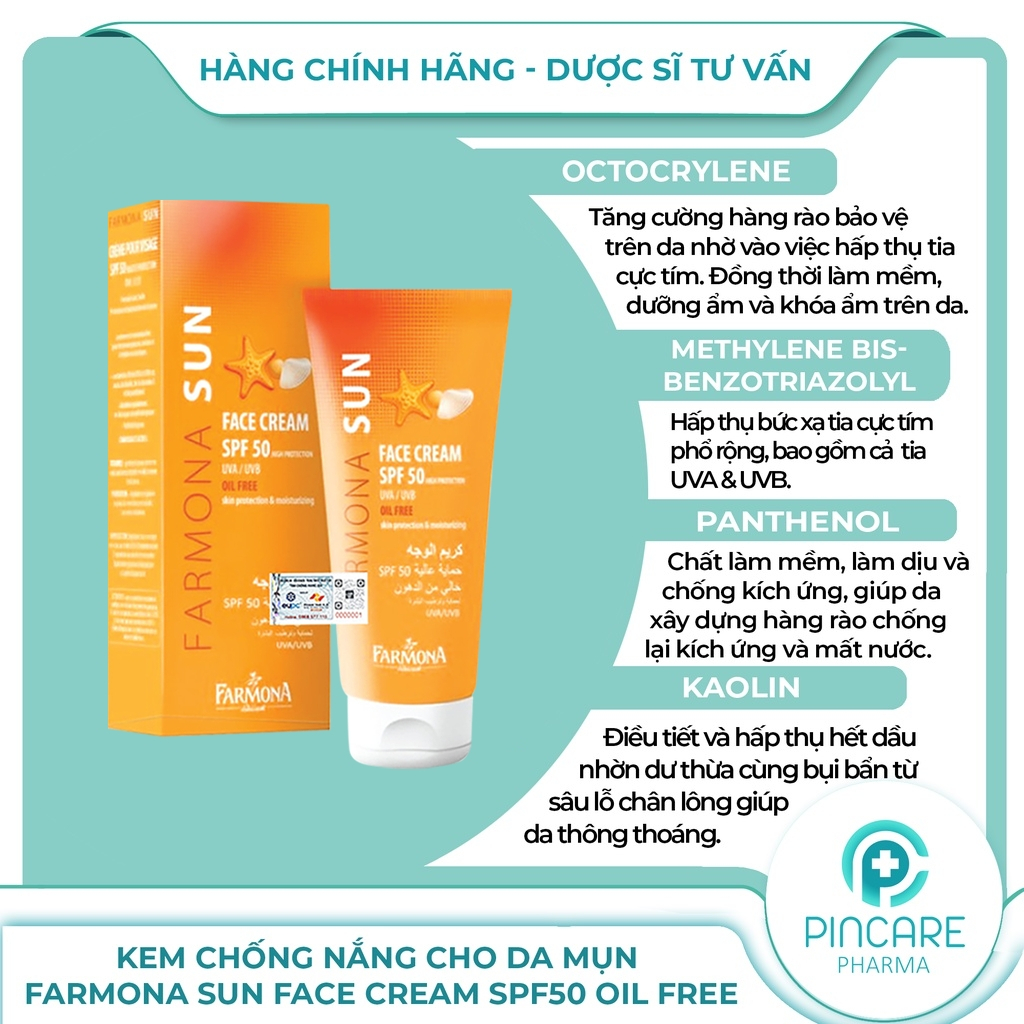 Kem chống nắng cho da mụn Farmona Sun Face Cream SPF50 Oil Free 50ml - Hàng chính hãng - Nhà thuốc PinCare