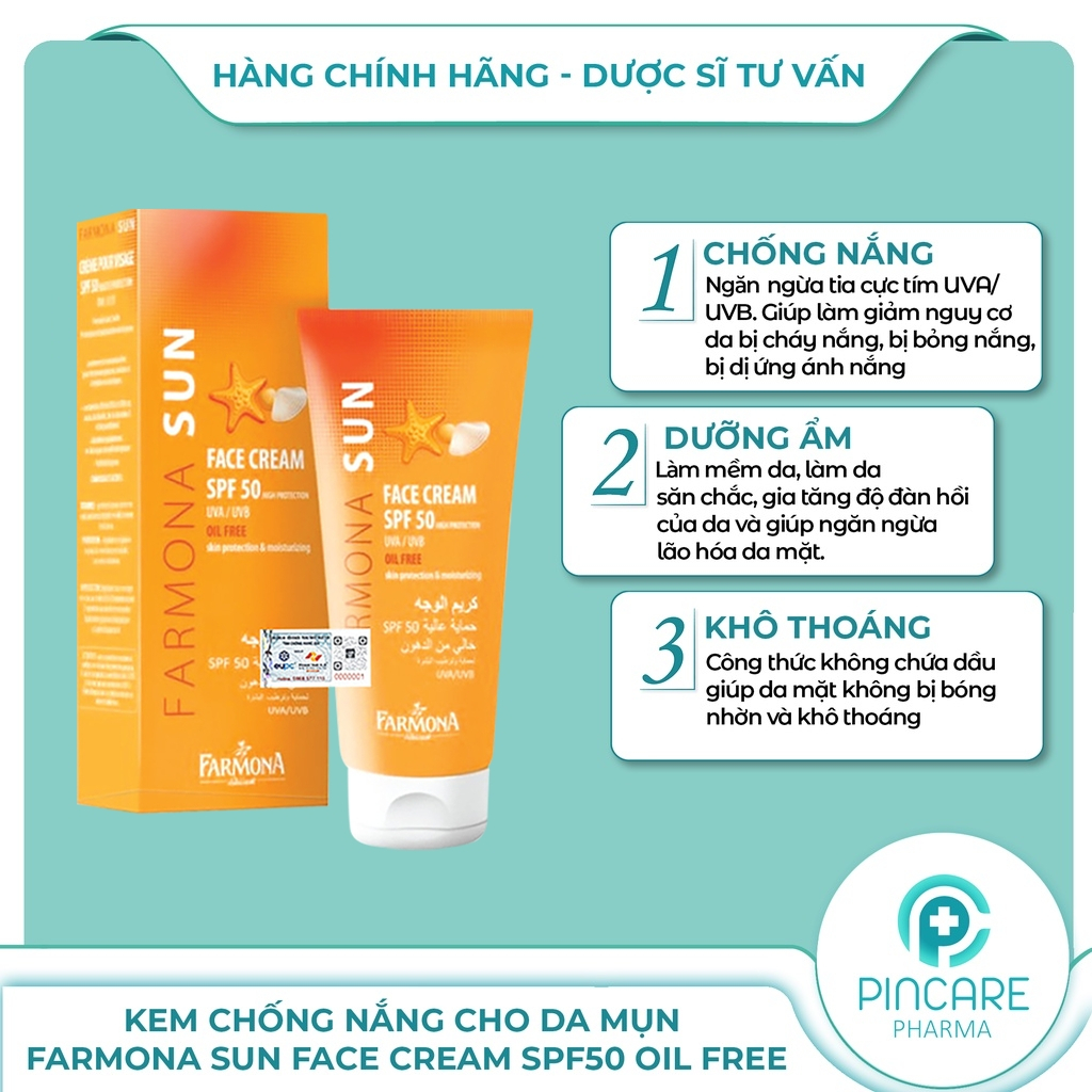 Kem chống nắng cho da mụn Farmona Sun Face Cream SPF50 Oil Free 50ml - Hàng chính hãng - Nhà thuốc PinCare