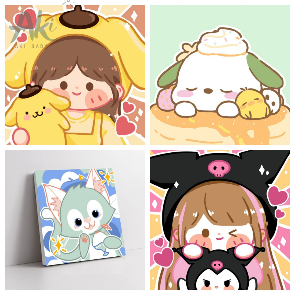 Tranh tô màu theo số AKI 20x20cm - tranh số hóa tự tô có sẵn khung chủ đề anime Sanrio Melody Kuromi cho trẻ em