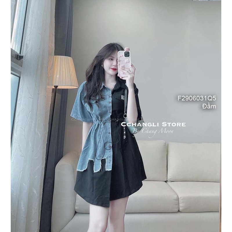 Đầm Sơ Mi Cổ Bẻ Phối Jean 1 Bên Cá Tính Viens Store