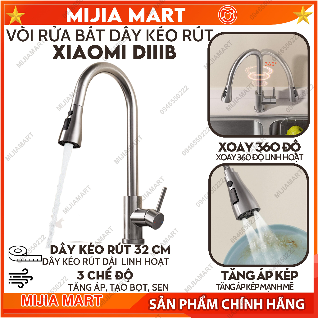 Vòi nước rửa chén Xiaomi DIIIB, vòi bếp rửa bát dây kéo rút nóng lạnh, linh hoạt 360 độ, tăng áp suất