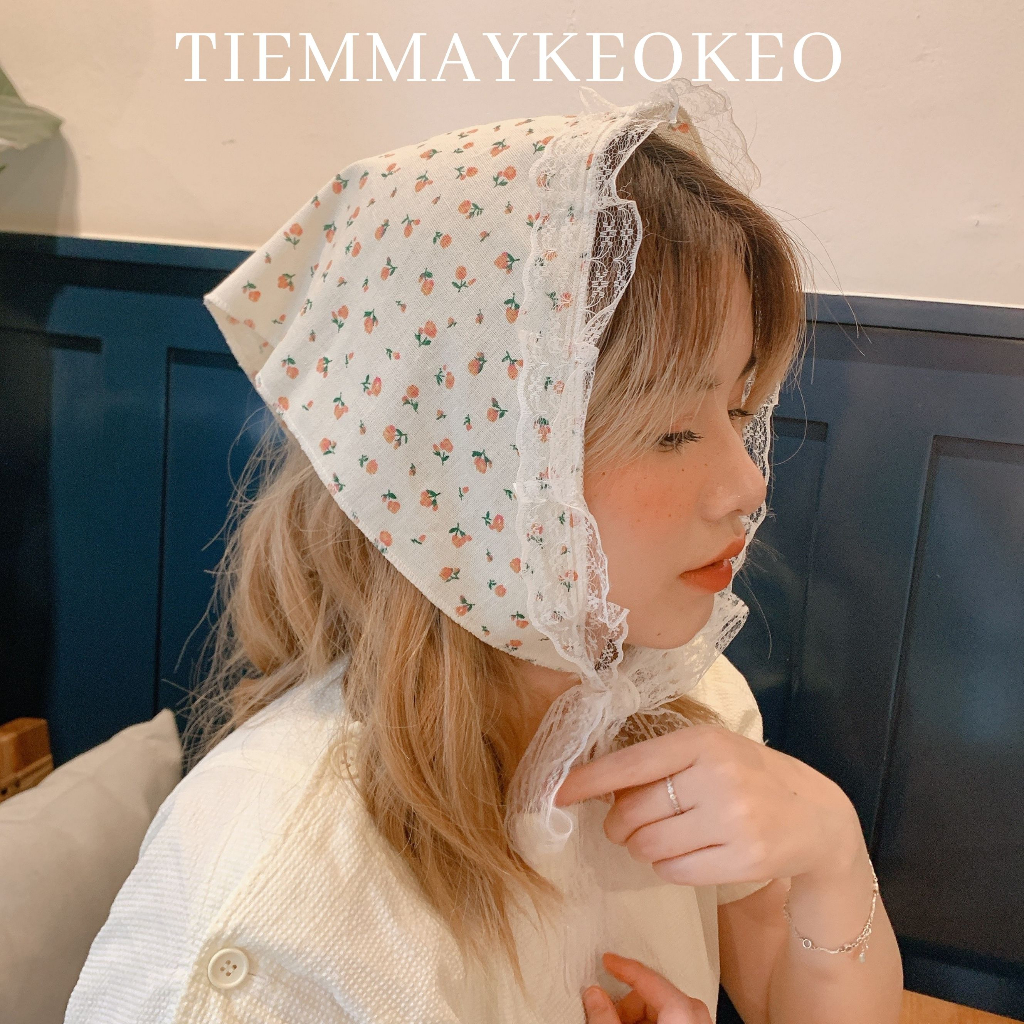 Khăn vải turban bandana phối viền ren TIEMMAYKEOKEO chất liệu linen tone be Hàn Quốc họa tiết hoa nhí 50x50cm